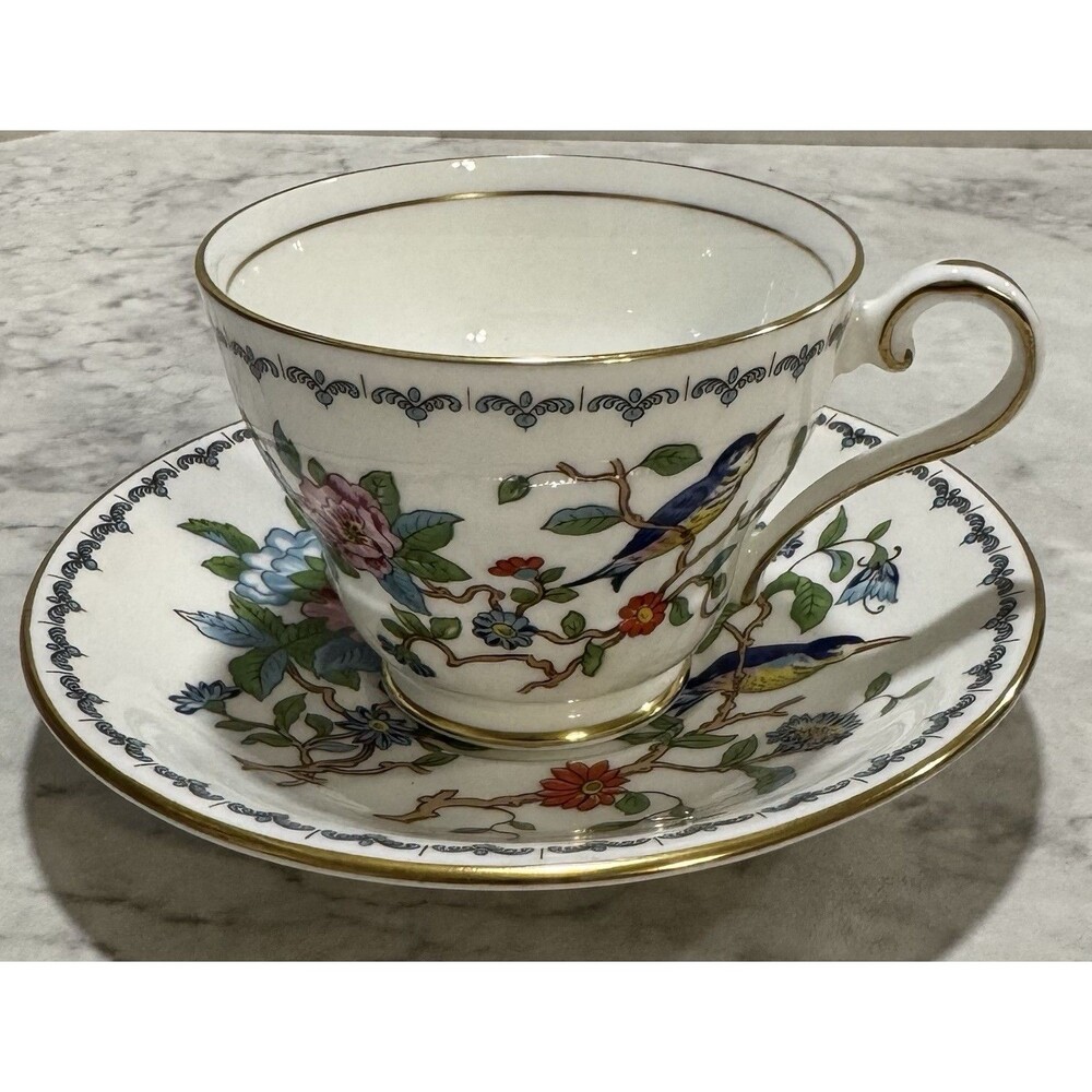 Aynsley England Fine Bone China Pembroke Cup & Saucer Set Bird Tree Gold Trim